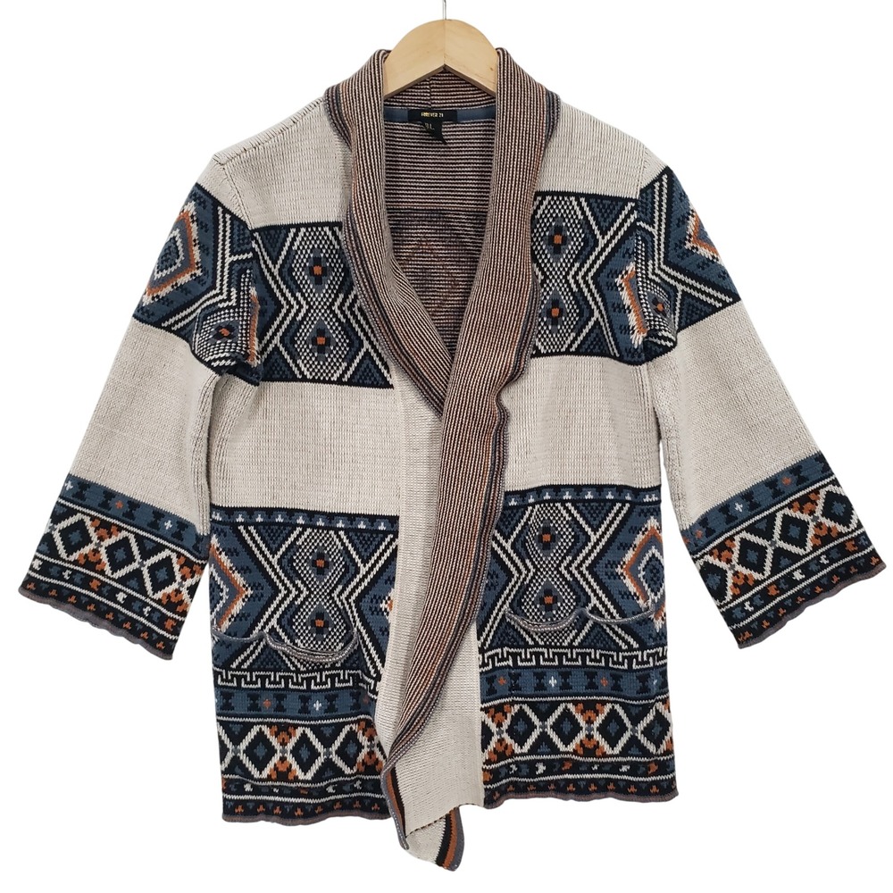 Forever 21 Geometric Tribal Print Open Front Cardigan‎ Sweater Size S Boho Cabin